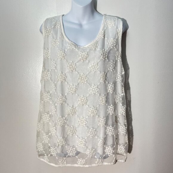 Piazza Roma Tops - Embroidered‎ Sheer Sleeveless Top By Piazza Roma For Women M White Floral Design